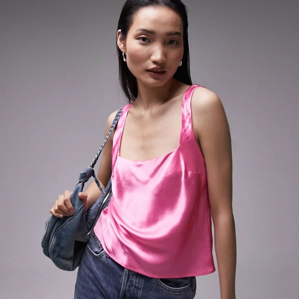Topshop square neck satin cami in pink